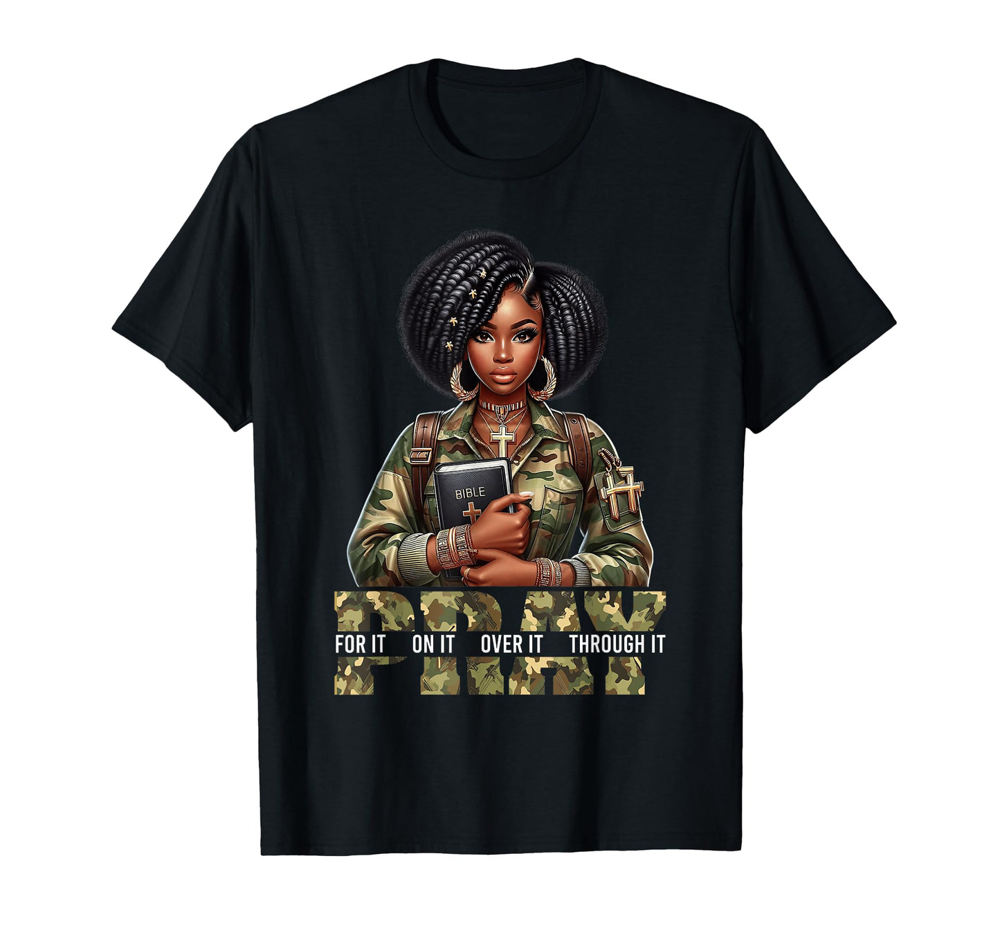 Pray On It Pray Over It Black Woman Afro Christian Sayings T-Shirt