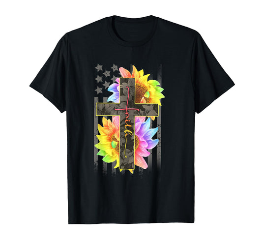 Faith Cross Rainbow Sunflower USA Flag Christian Inspiration T-Shirt