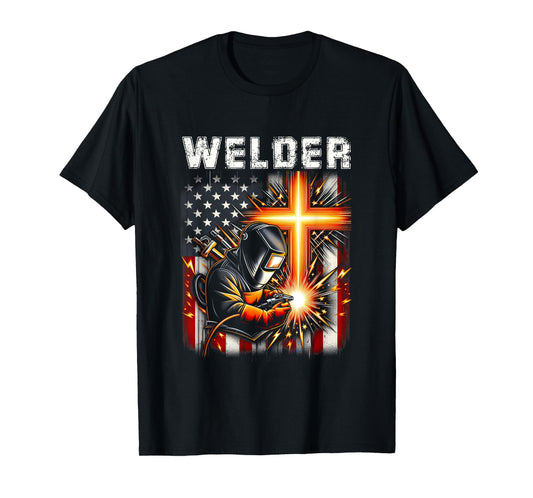 Welder American Flag Welding Faith Cross Christian Religious T-Shirt