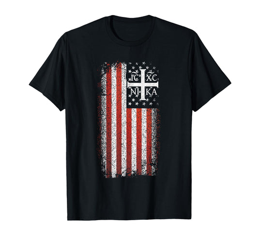 ICXC NIKA Christogram Cross American Flag Christian T-Shirt