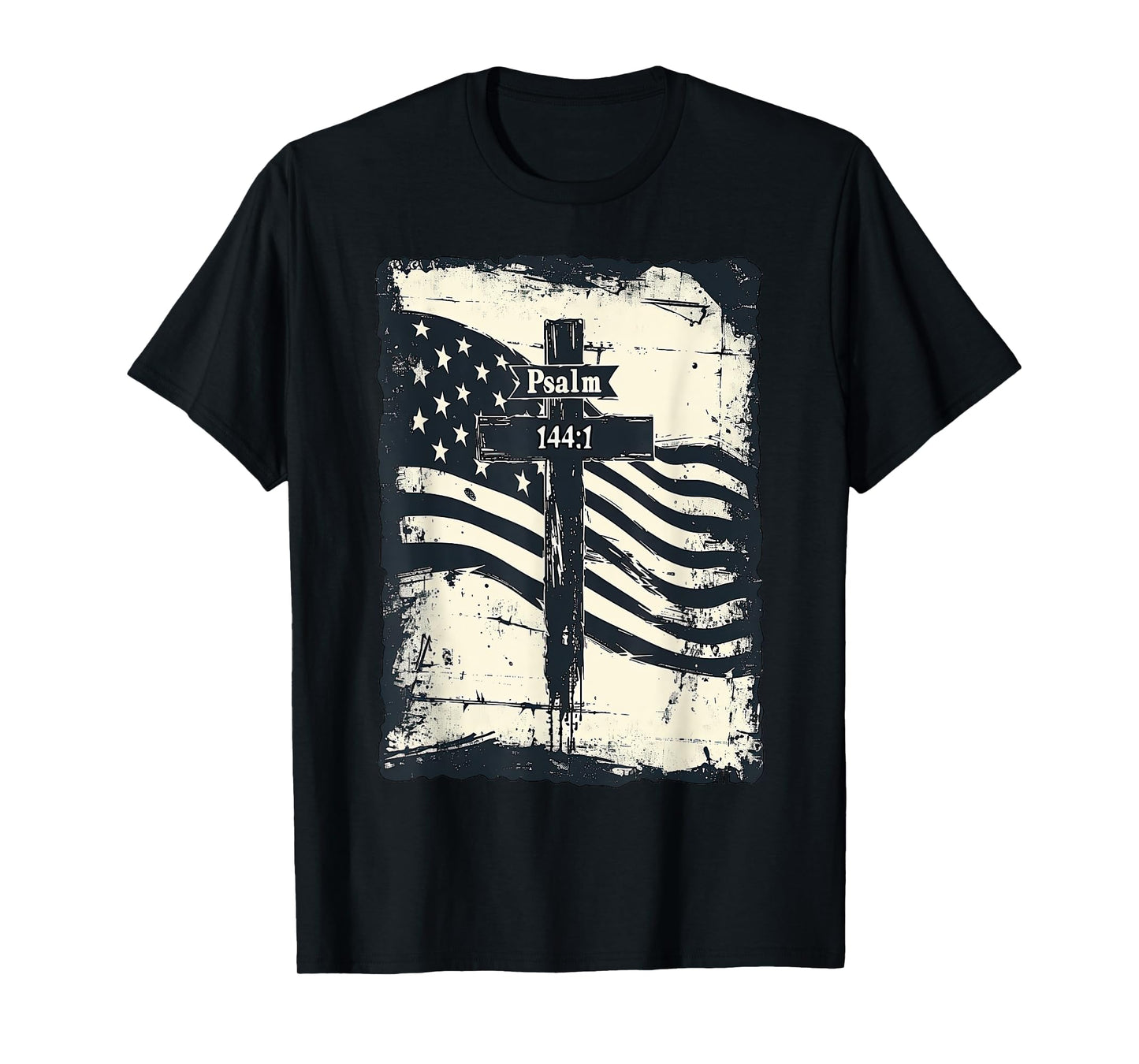 Psalm 144:1 Vintage US Flag Christian Cross Bible Verse T-Shirt