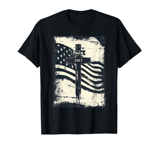 Psalm 144:1 Vintage US Flag Christian Cross Bible Verse T-Shirt