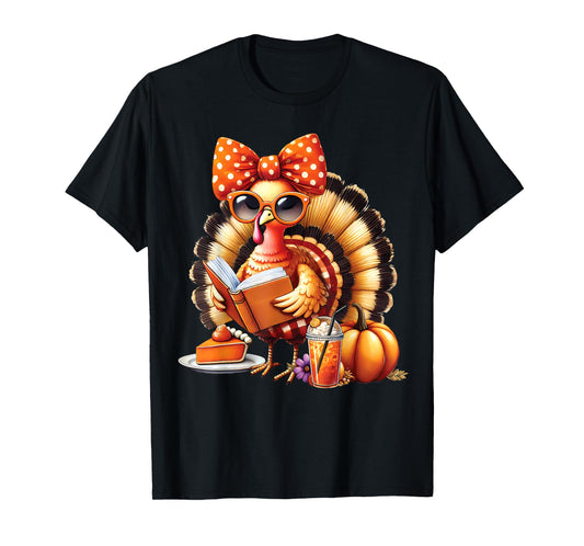 Cute Turkey Reading Book Lovers Thanksgiving Bow Womens T-Shirt