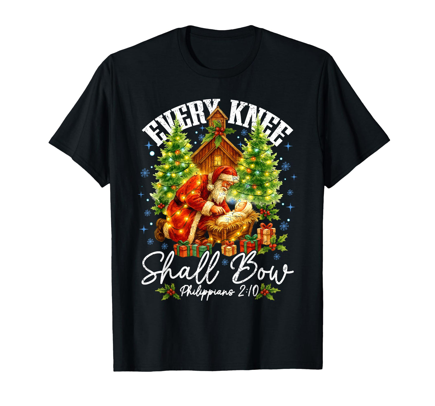 Every Knee Shall Bow Santa Christmas Nativity Scene Xmas T-Shirt