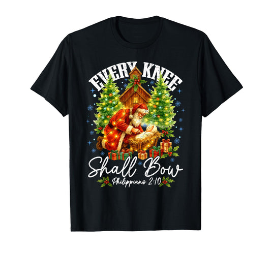 Every Knee Shall Bow Santa Christmas Nativity Scene Xmas T-Shirt