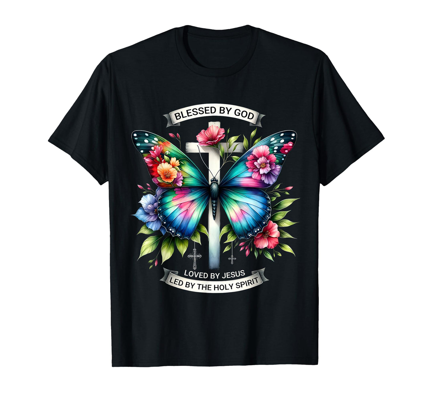 Blessed by God Loved by Jesus Christian Jesus Butterfly. T-Shirt