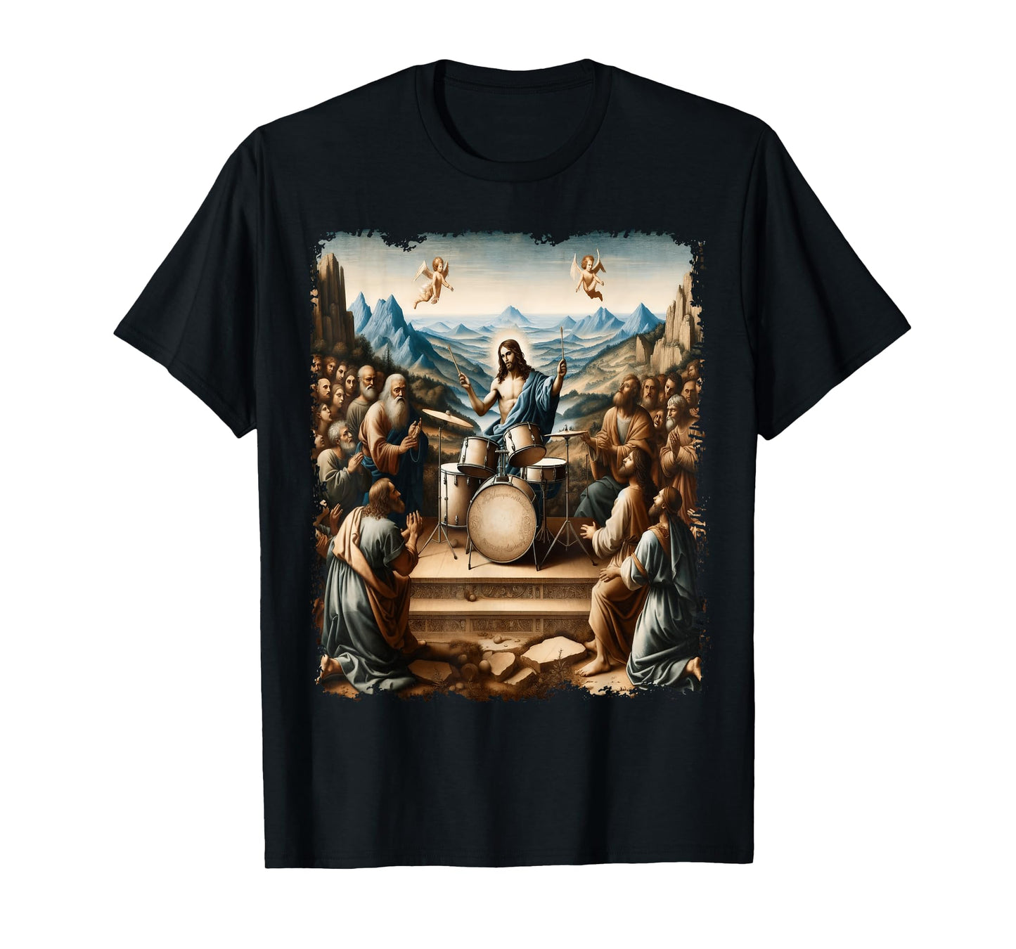 Jesus Playing Drums, Funny Christian Drummer Painting T-Shirt