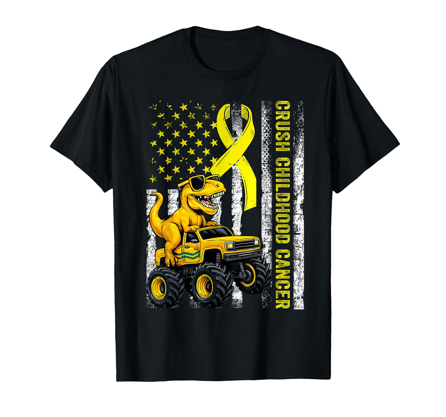 Crush Childhood Cancer 2025 Retro Truck Dinosaur Flag Ribbon T-Shirt