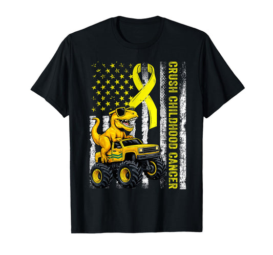 Crush Childhood Cancer 2025 Retro Truck Dinosaur Flag Ribbon T-Shirt