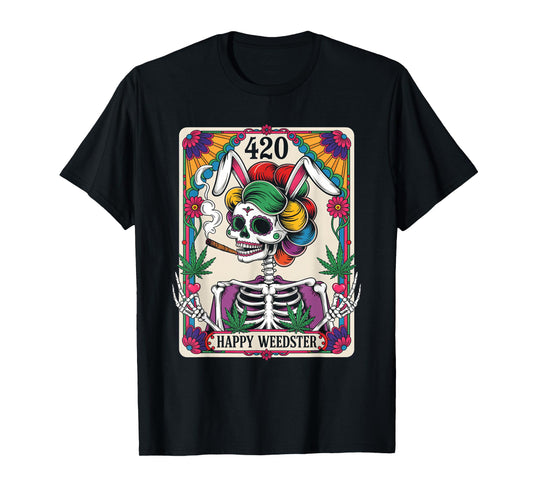 Happy Weedster 420 Easter Skeleton Smoking Weed Tarot Card T-Shirt