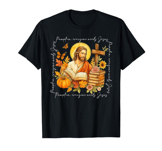 Pumpkin Everyone Needs Jesus Christian Autumn Bible Book T-Shirt