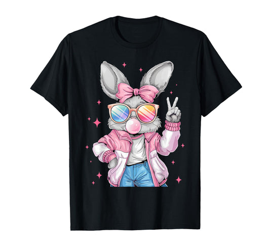 Easter Bunny Blowing Bubble Happy Easter Bunny Coquette Bow T-Shirt