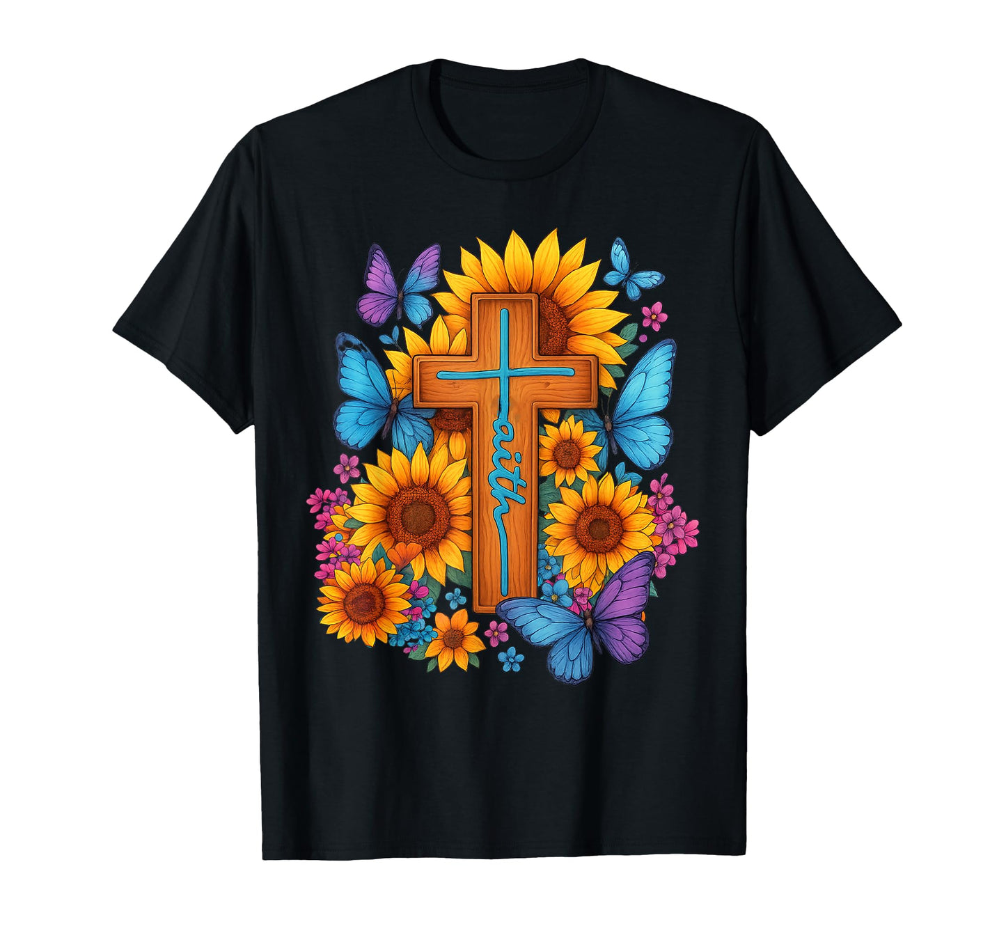 Sunflower Butterfly Cross Faith Christian T-Shirt