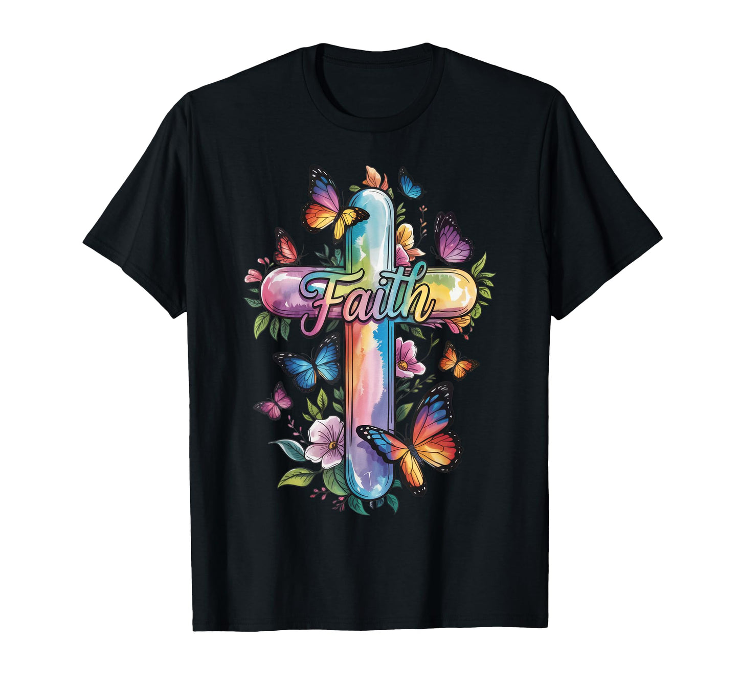 Faith Cross Butterflies Floral Religious Christ Flowers T-Shirt