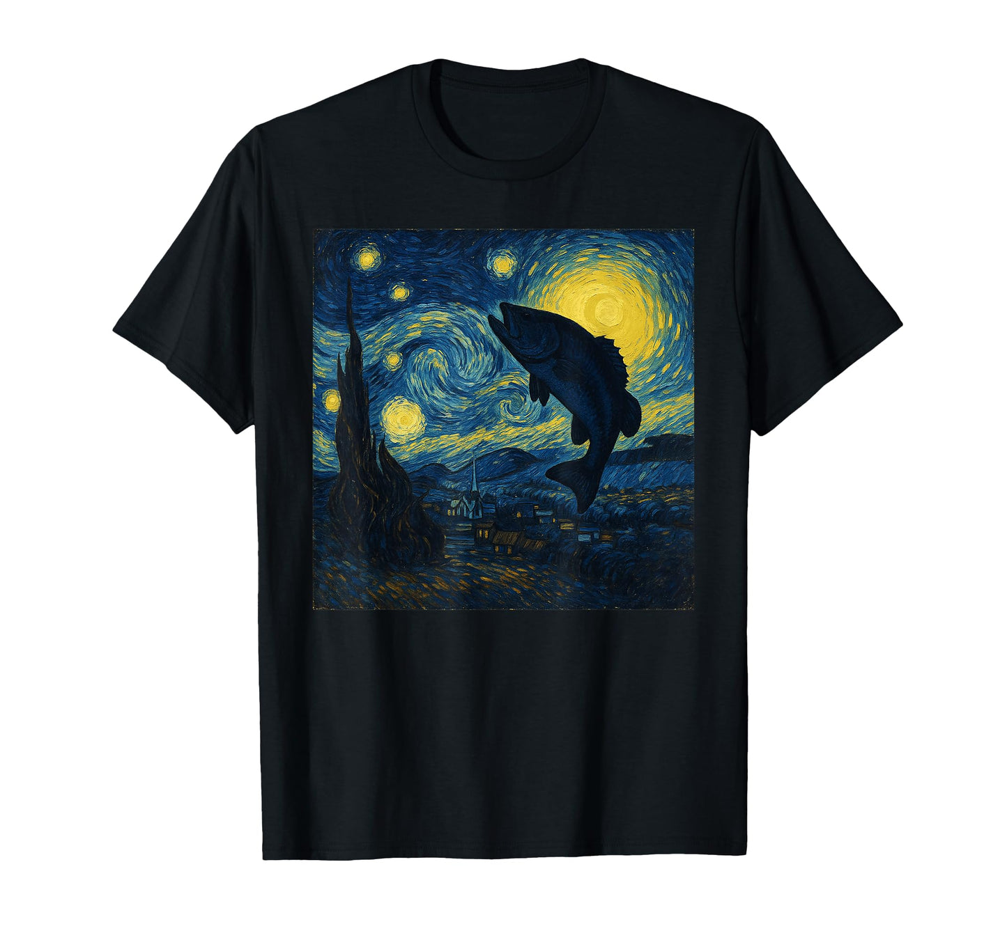 Starry Night Van Gogh Bass Fish Fisherman Funny Graphic T-Shirt