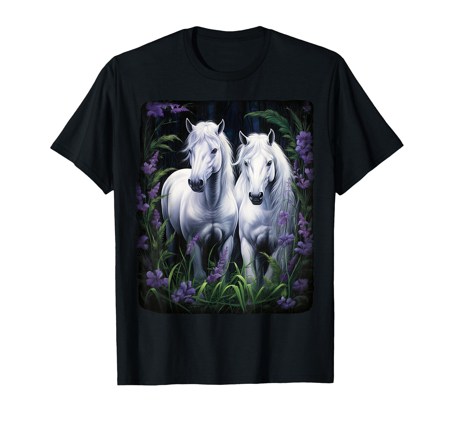 2 Horses standing in a meadow with flowers T-Shirt