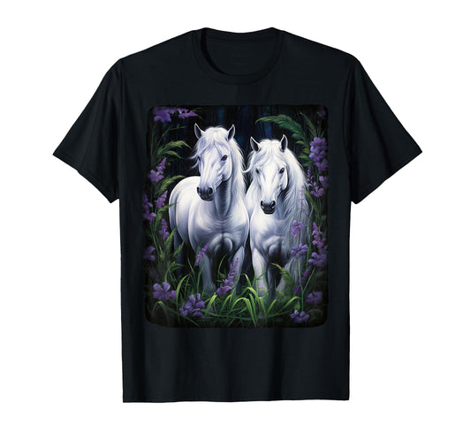 2 Horses standing in a meadow with flowers T-Shirt