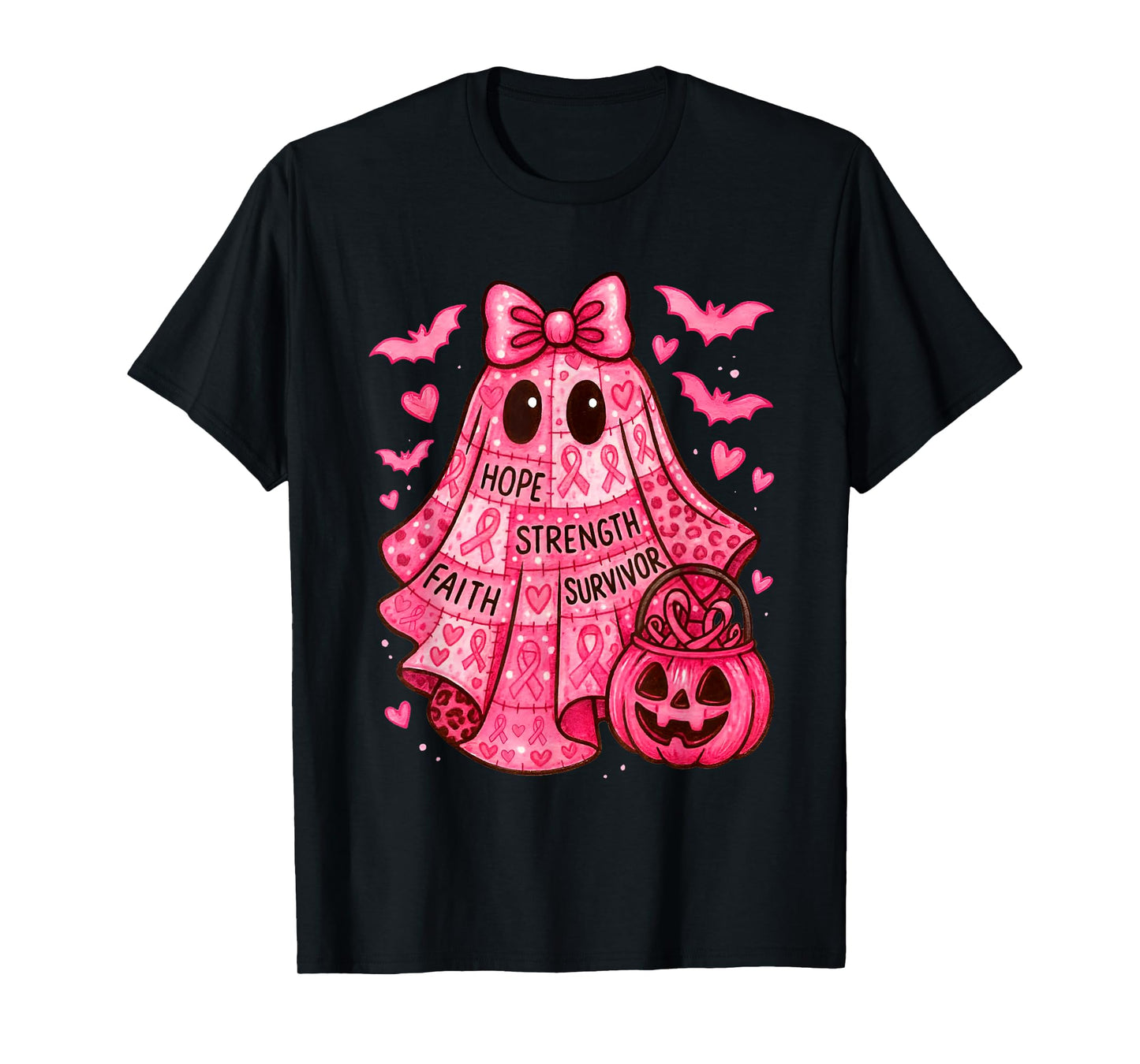 Faith Hope Strength Survivor Ghost Breast Cancer Awareness T-Shirt