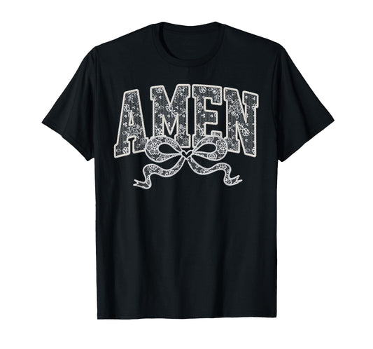 Amen Lace Bow Vintage Jesus Bible Verse Christian Religious T-Shirt