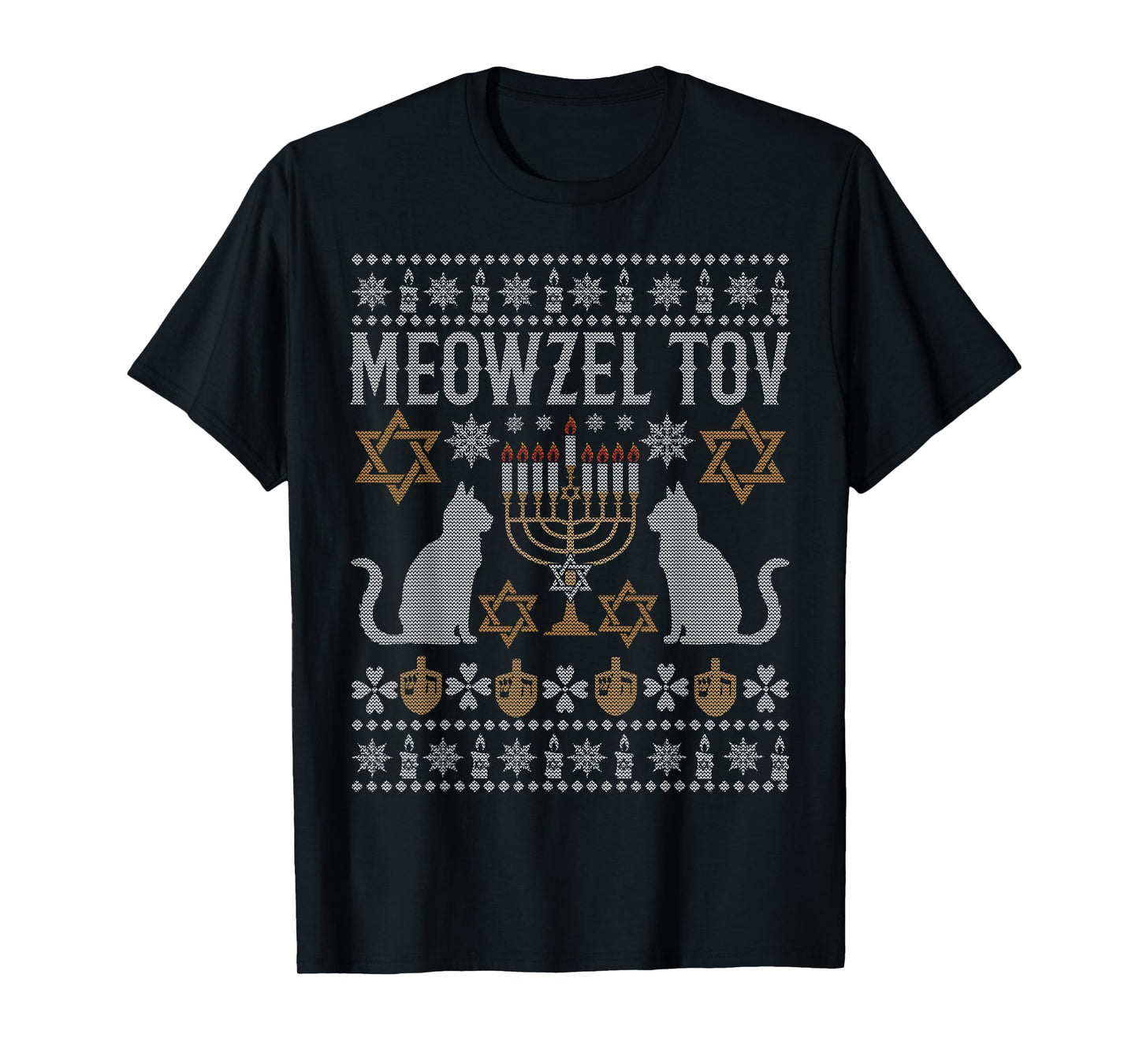 Meowzel Tov Mazel Tov Cat Ugly Christmas Happy Hanukkah T-Shirt