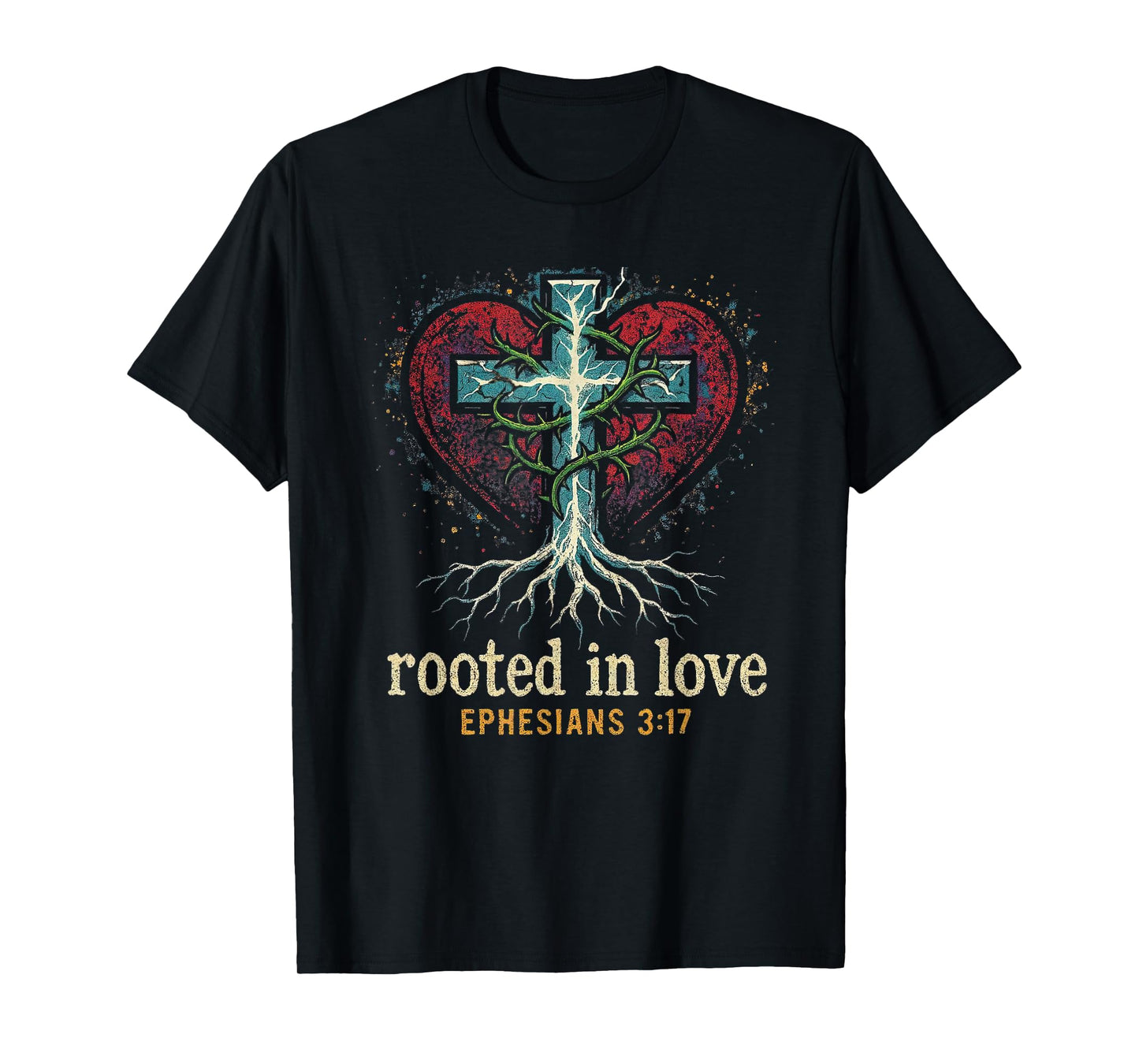 Cross of Jesus Rooted in Love -Punk Art Distressed Christian T-Shirt