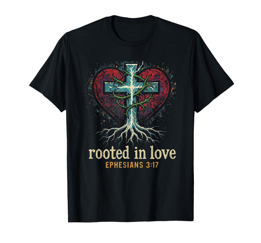 Cross of Jesus Rooted in Love -Punk Art Distressed Christian T-Shirt