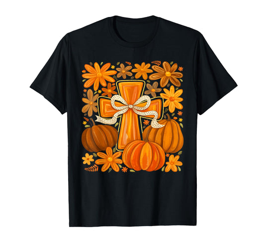 Boho Floral Pumpkin Cross Fall Jesus Christian Faith Autumn T-Shirt