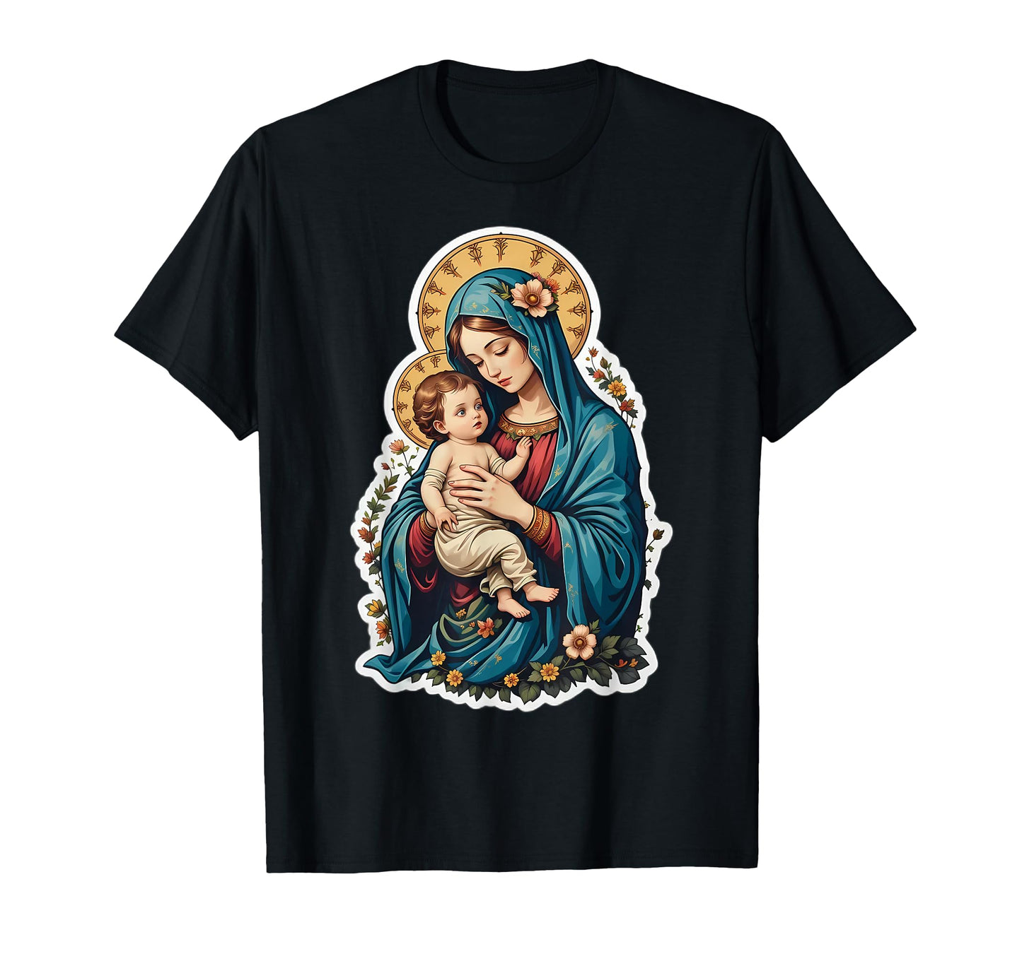 Floral Saint Mary with Baby Jesus Christ Santa Maria Panagia T-Shirt