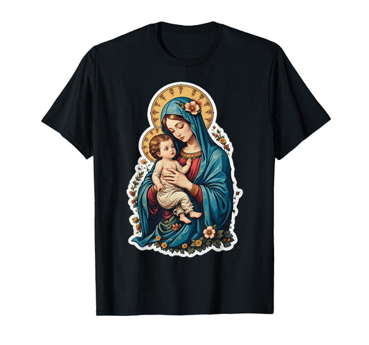 Floral Saint Mary with Baby Jesus Christ Santa Maria Panagia T-Shirt