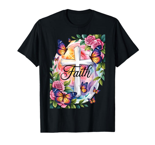 Faith Cross Butterflies Floral Religious Christ Flowers T-Shirt