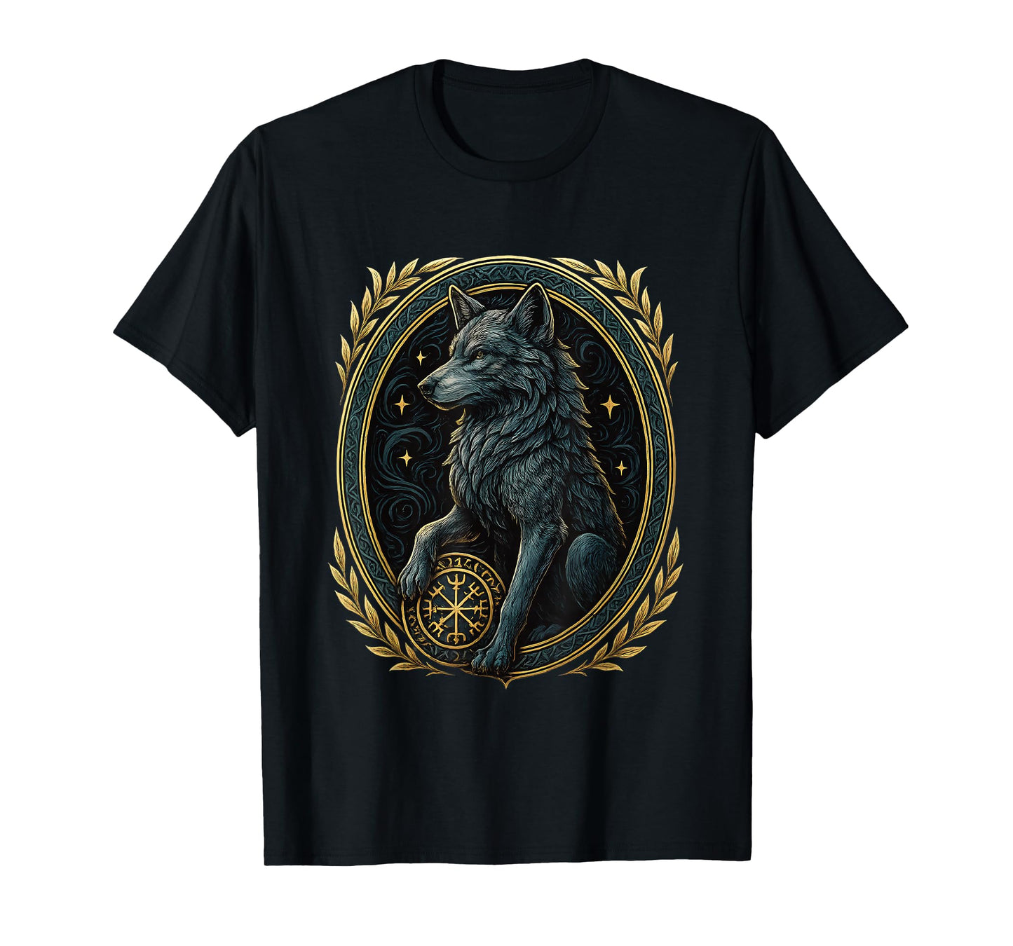 Norse Wolf with Helm of Awe Aegishjalmur Runes Viking Symbol T-Shirt