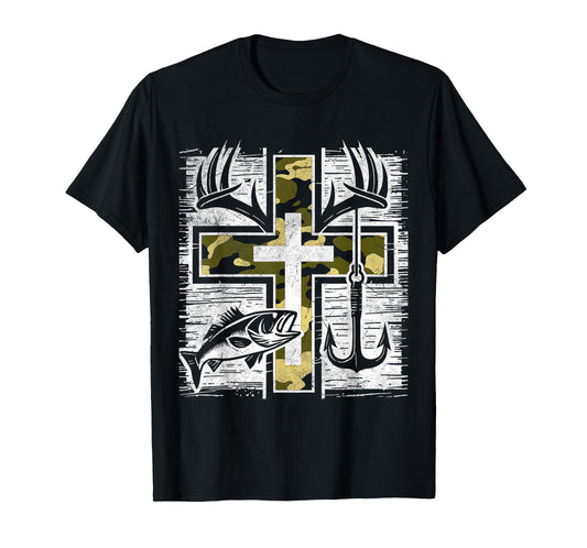 Faith Fishing Hunting Camo Cross Bass Hook Christian Gifts T-Shirt