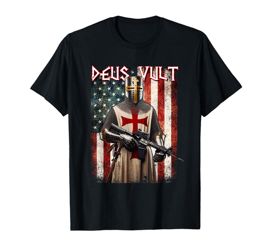 Deus Vult Medieval Knight Templar American Flag Crusader T-Shirt