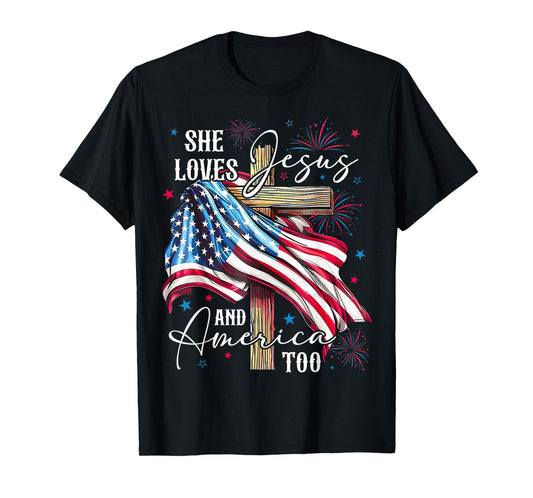 She loves Jesus and America too American Patriotic USA Flag T-Shirt