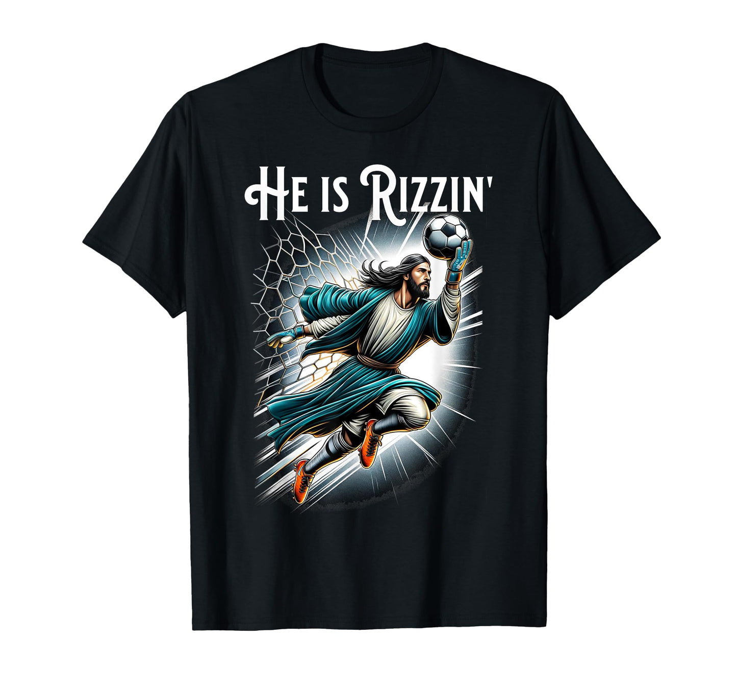 Rizzen Funny Sports Rizz He is Rizzin Jesus Playing Soccer T-Shirt
