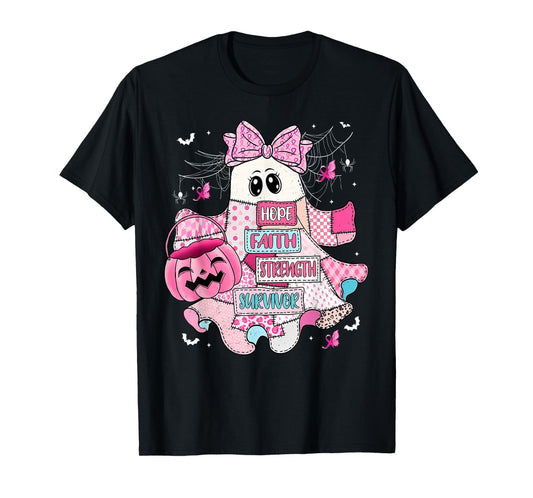 Breast Cancer Ghost Bow Hope Faith Strength Halloween T-Shirt