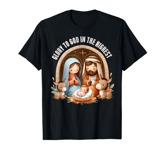 Nativity Scene Glory to God in the Highest Boho Christmas T-Shirt