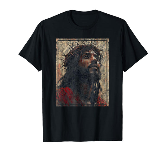 Vintage Black Jesus Face Of Jesus Cross With Crown Of Thorns T-Shirt