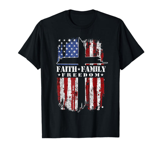 Vintage USA Flag Faith Family Freedom Patriotic Christian T-Shirt
