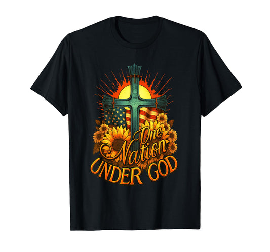 One Nation Under God USA Flag Cross Sunflower Patriotic T-Shirt