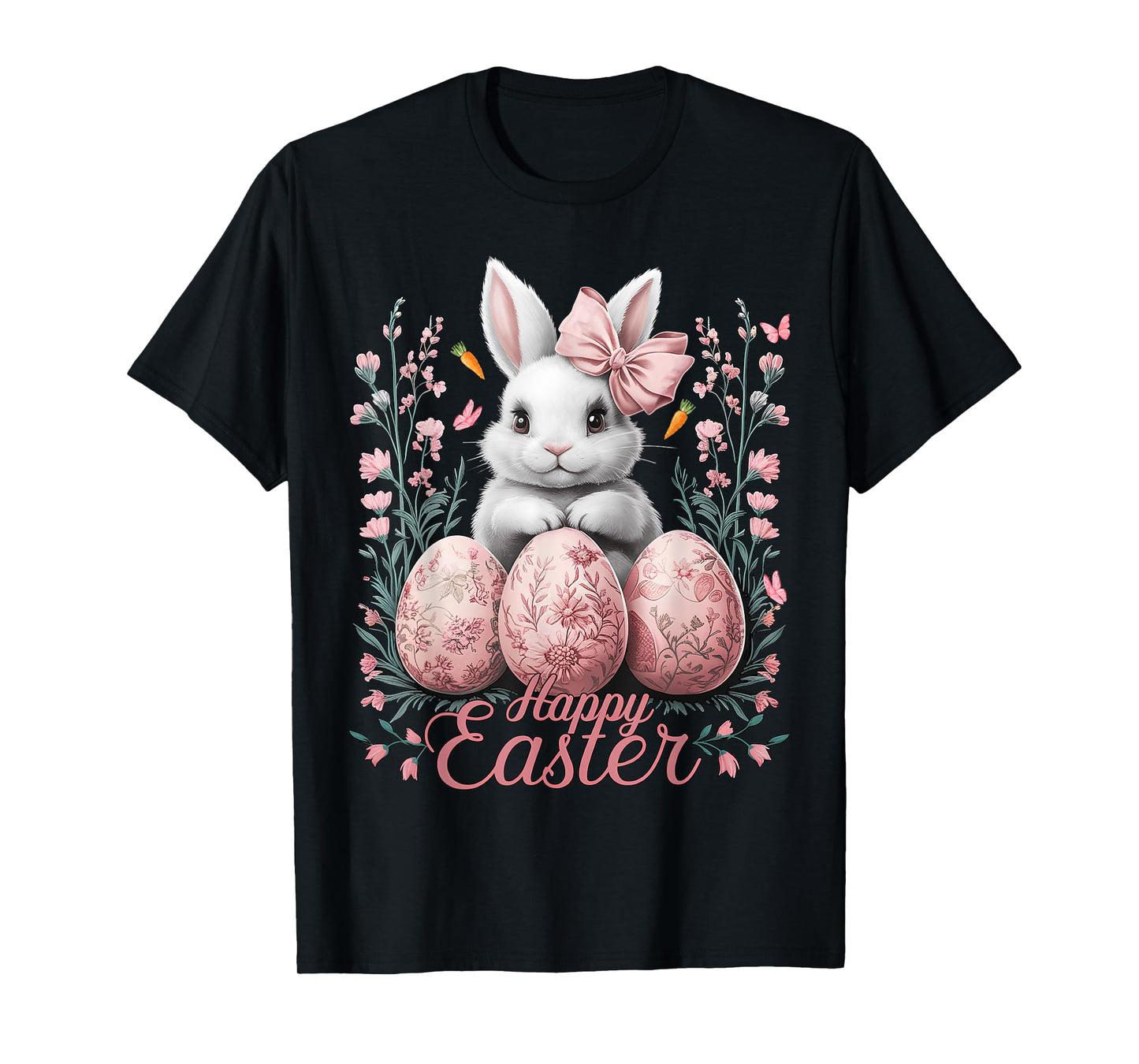 Easter Chinoiserie Floral Bunny With Cute Coquette Bow Women T-Shirt