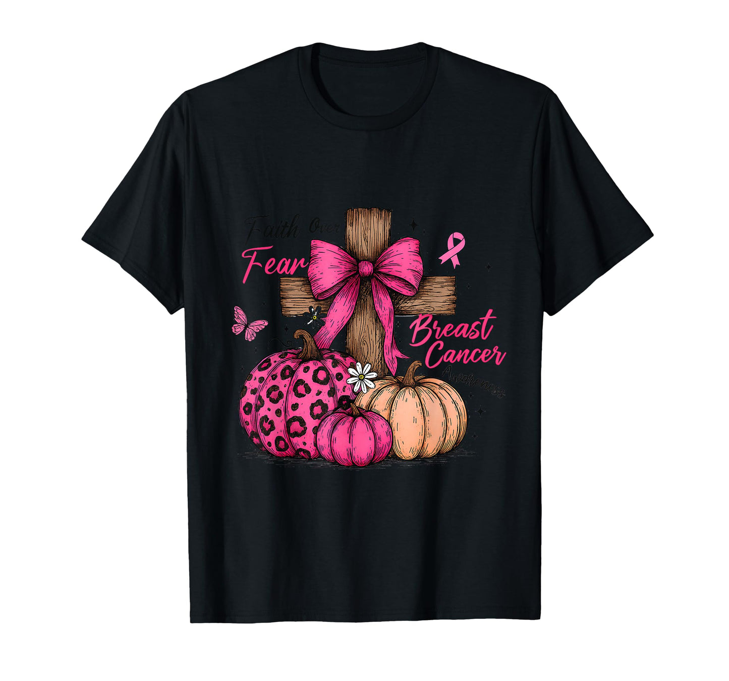 Preppy Faith Over Fear Coquette Christian Cross Pumpkin Tee T-Shirt