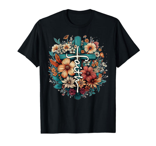 Retro Floral Christian Butterfly Faith Cross Vintage Faith T-Shirt