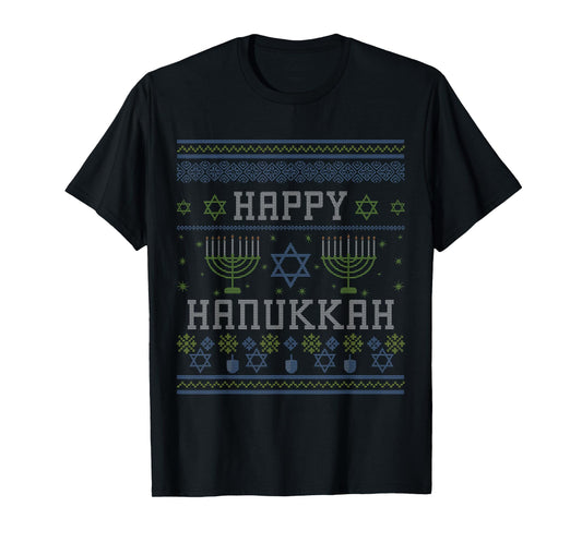 Happy Hanukkah Menorah Jewish Holiday Ugly Christmas Funny T-Shirt