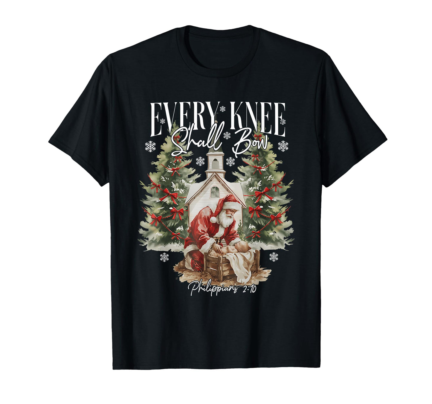 Every Knee Shall Bow Santa Christmas Nativity Scene Xmas T-Shirt