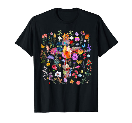 Vintage Pressed Flowers Cross Faith Jesus Garden Christian T-Shirt