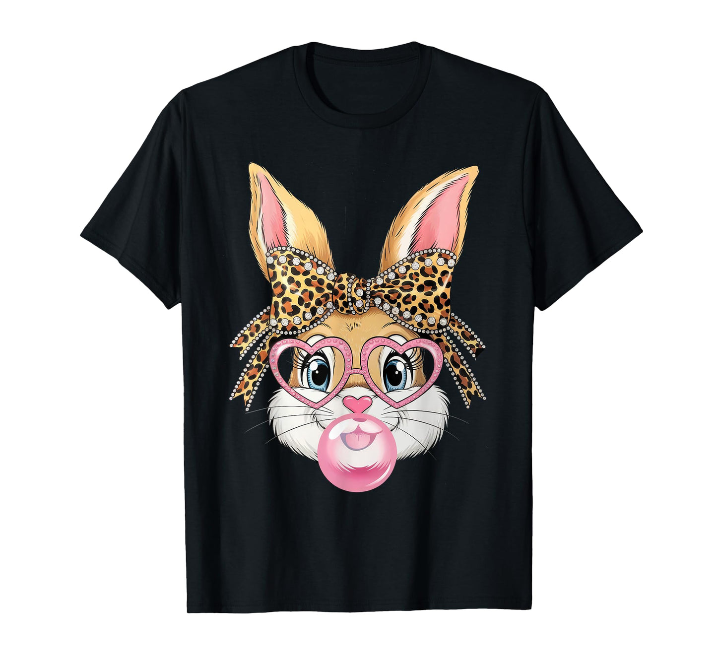 Cute Leopard Glasses Bunny Bubble Gum Shirt Happy Easter Day T-Shirt