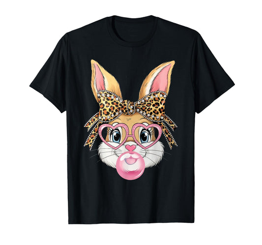 Cute Leopard Glasses Bunny Bubble Gum Shirt Happy Easter Day T-Shirt