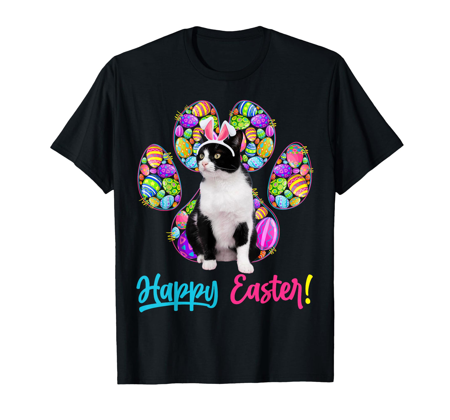 Cute Tuxedo Cat & Bunny Ears Easter Eggs Cat Paw Easter Day T-Shirt