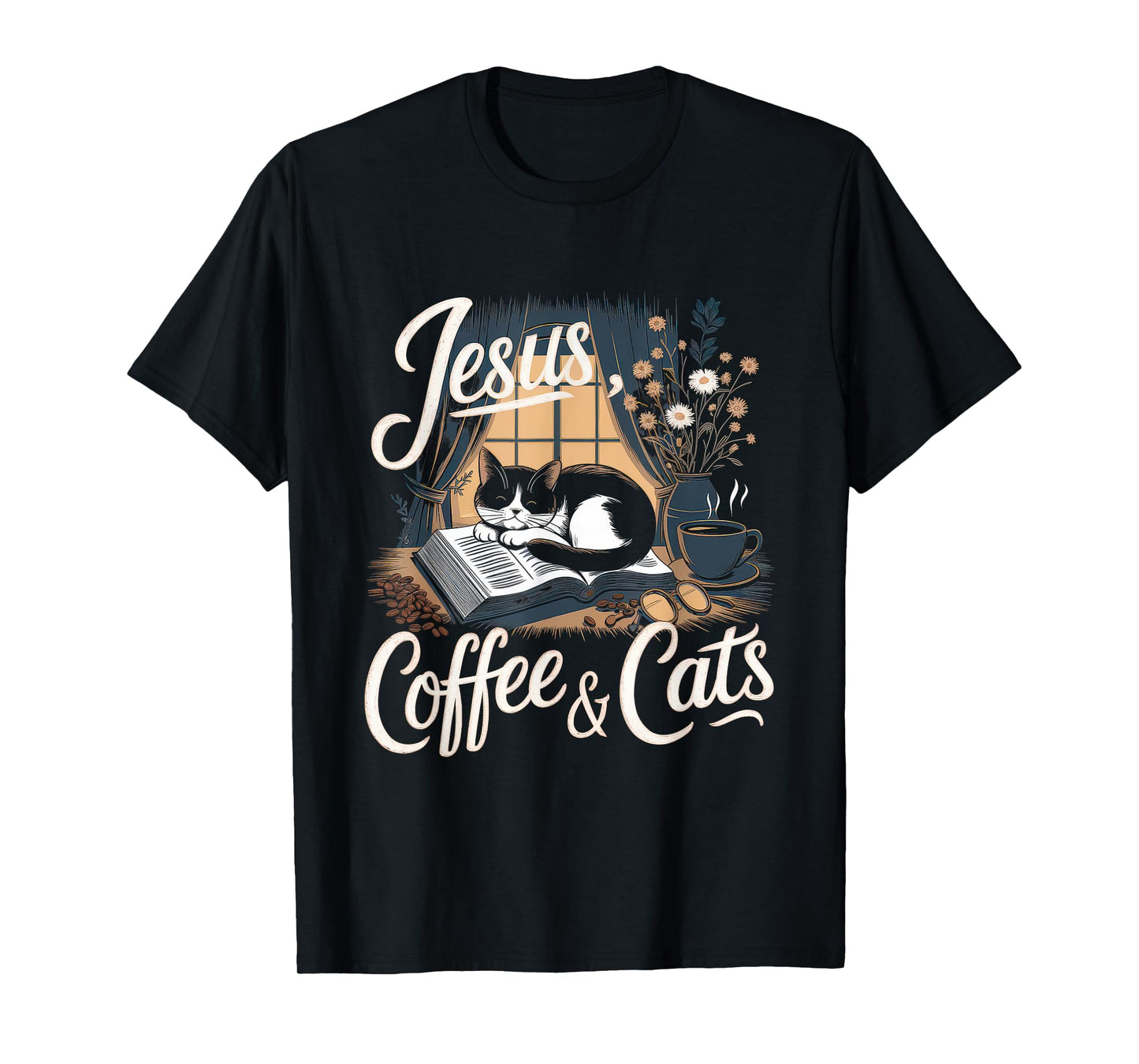 Jesus Coffee Cats Funny Cute Design Jesus Lovers Christian T-Shirt